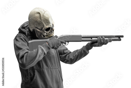 Man with a skull head costume for Halloween holding gun