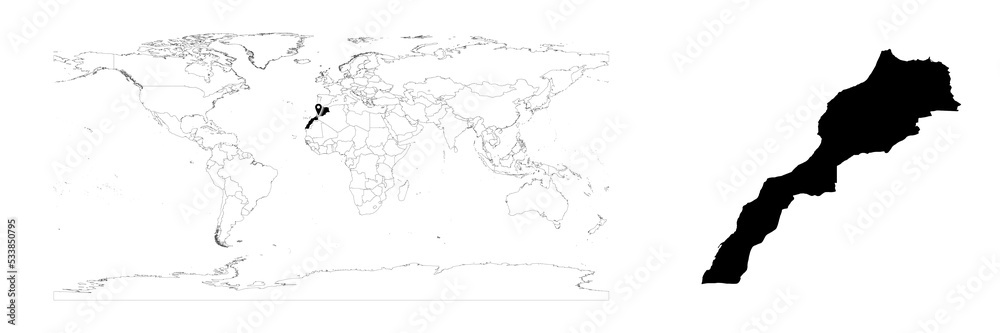 Vector Morocco map showing country location on world map and solid map for Morocco on white background. File is suitable for digital editing and prints of all sizes.