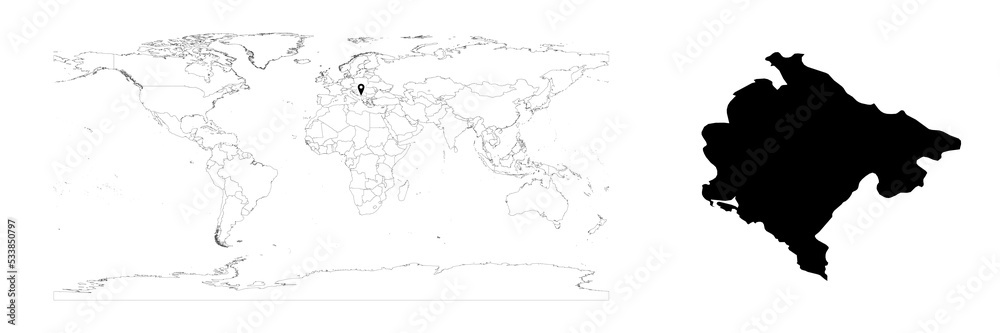 Vector Montenegro map showing country location on world map and solid map for Montenegro on white background. File is suitable for digital editing and prints of all sizes.