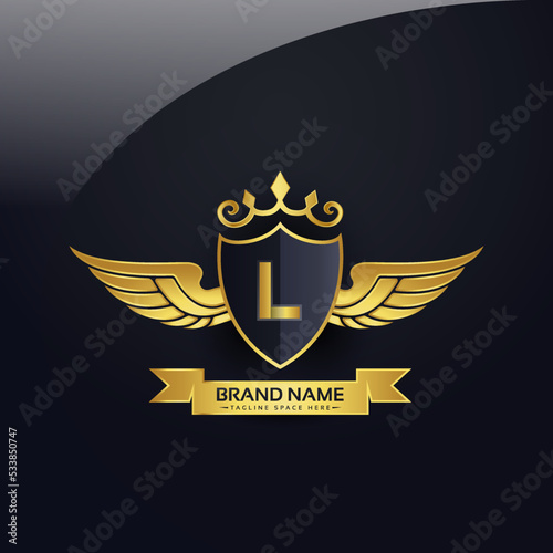 Luxury royal wing Letter L crest Gold colour, Victory logo, crest logo, wing logo, vector logo template