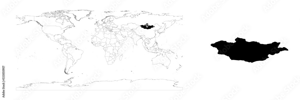 Vector Mongolia map showing country location on world map and solid map for Mongolia on white background. File is suitable for digital editing and prints of all sizes.