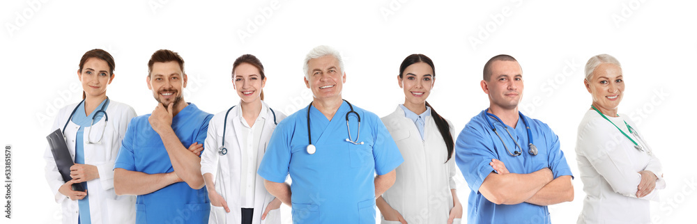 Collage with photos of doctors on white background. Banner design Collage with photos of doctors on white background. Banner design