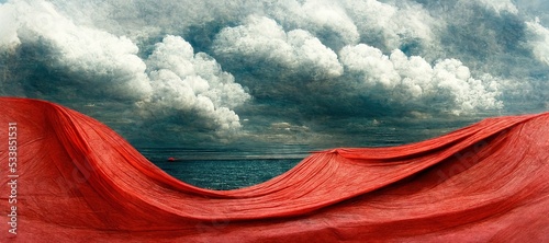 Bizarre minimalist seascape, cold waves of nothingness with vast horizon of empty loneliness, odd surreal encircling silk fabric folds - bloody rage red and captive ice blue contrast.
