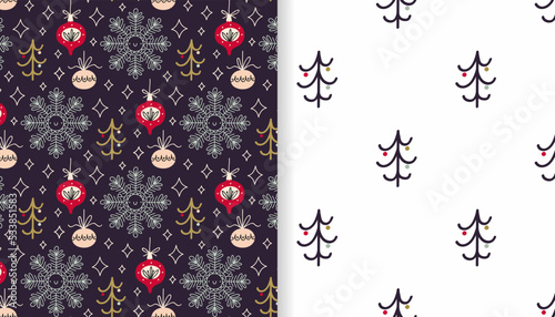 Festive backgrounds with Christmas balls, snowflakes and fir trees. Set of vector seamless patterns.