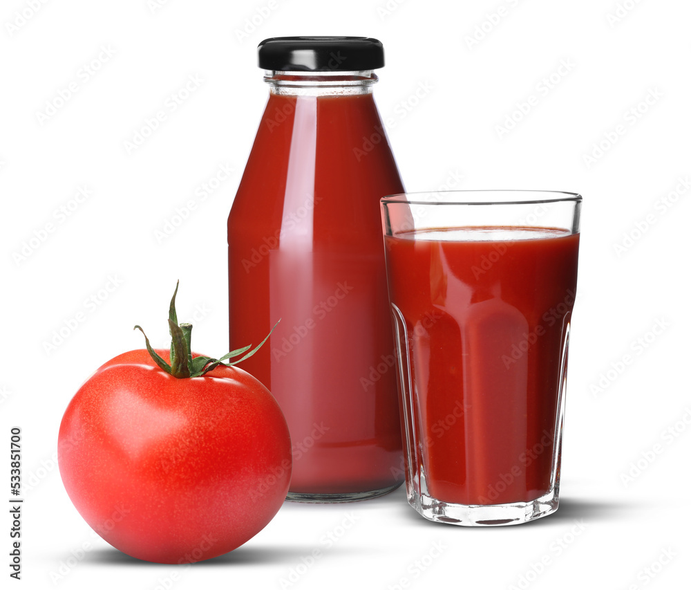 Fresh tomato, bottle and glass with juice on white background Fresh tomato, bottle and glass with juice on white background