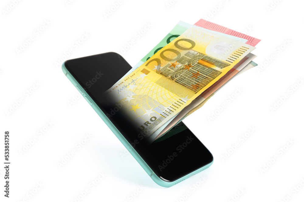 Euro banknotes and modern smartphone on white background Euro banknotes and modern smartphone on white background