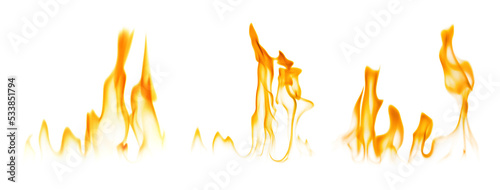 Set with beautiful bright fire flames on white background. Banner design