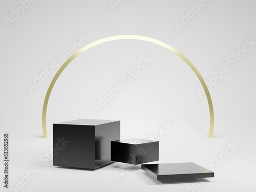 Black and gold curve 3D podium  luxury cylinder for show cosmetic product or stage for award geometric platform. 3D rendering