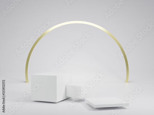 white and gold curve 3D podium  luxury cylinder for show cosmetic product or stage for award geometric platform. 3D rendering