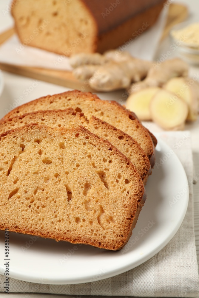 Slices of delicious gingerbread cake served on plate, closeup Slices of delicious gingerbread cake served on plate, closeup