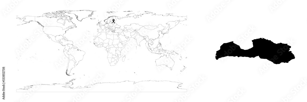 Vector Latvia map showing country location on world map and solid map for Latvia on white background. File is suitable for digital editing and prints of all sizes.