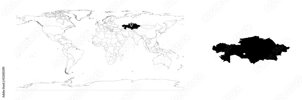 Vector Kazakhstan map showing country location on world map and solid map for Kazakhstan on white background. File is suitable for digital editing and prints of all sizes.