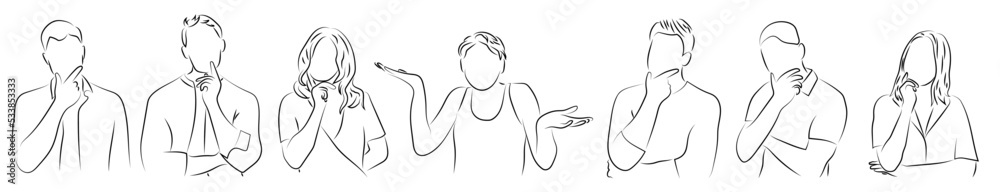 Φωτογραφία 7 Nachdenkliche Personen Lineart Zeichnungen Vektor Grafik | Thoughtful People L