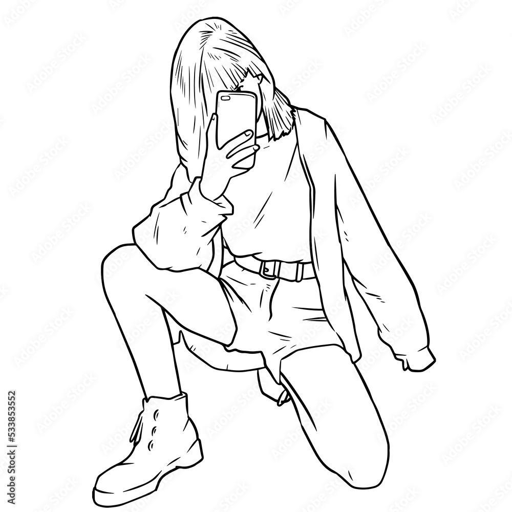 sketch of a woman sitting and taking a selfie sketch of a woman sitting and taking a selfie