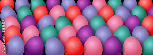 Easter eggs. Easter background with color eggs. Horizontal banner vector illustration with 3d objects