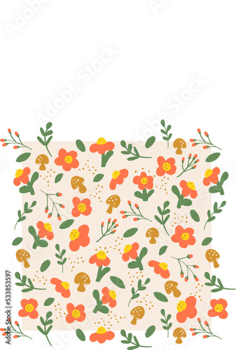 Garden flowers, plants, botanical, mushroom, pink background, orange flowers, Vector seamless pattern, cute flowers pattern for fabric, wallpaper and children projects