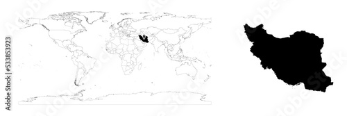 Vector Iran map showing country location on world map and solid map for Iran on white background. File is suitable for digital editing and prints of all sizes.