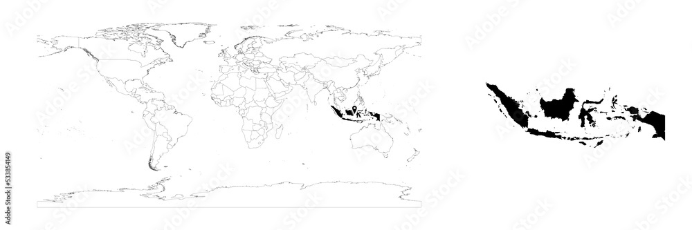 Vector Indonesia map showing country location on world map and solid map for Indonesia on white background. File is suitable for digital editing and prints of all sizes.