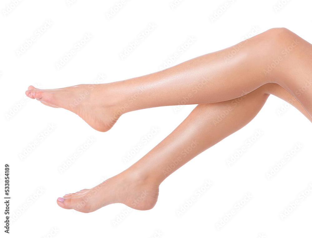 Woman showing beautiful legs after epilation on white background, closeup