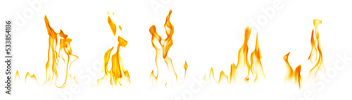 Set with beautiful bright fire flames on white background. Banner design