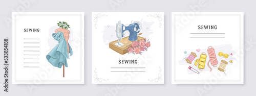 Square banner templates for greeting card and social media mobile apps. Sewing equipment and needlework. Vector illustration of sewing machine, mannequin and flowers