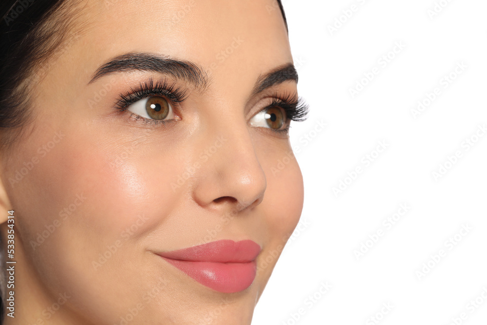 Beautiful young woman with long eyelashes on white background, closeup Beautiful young woman with long eyelashes on white background, closeup
