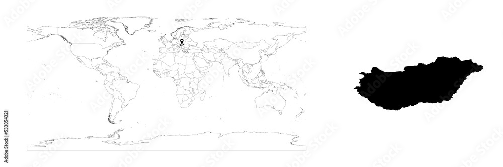 Obraz premium Vector Hungary map showing country location on world map and solid map for Hungary on white background. File is suitable for digital editing and prints of all sizes.