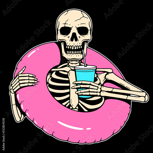 SKELETON WITH INFLATABLE CIRCLE AND COCKTAIL COLOR BLACK BACKGROUND
