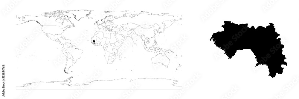 Vector Guinea map showing country location on world map and solid map for Guinea on white background. File is suitable for digital editing and prints of all sizes.