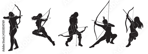 Fotografia Set of archer Silhouette, a female warrior character design