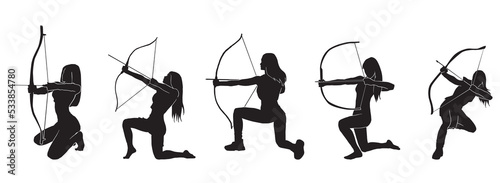 Set of archer Silhouette, a female warrior character design. Silhouette Girl Archer with a dynamic style and pulls an arrow that is ready to be released, Amazon Female Warrior, leather armor.