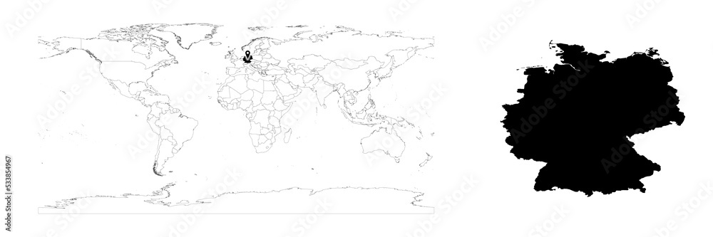 Obraz premium Vector Germany map showing country location on world map and solid map for Germany on white background. File is suitable for digital editing and prints of all sizes.