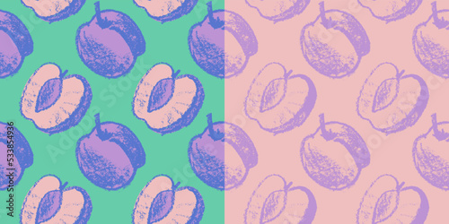 Vector Prune pattern seamless for vegan banner, diary backdrop. Hand drawn plum background. Wallpaper for baby food packaging, juice label design. Violet French plum pattern for organic jam package.