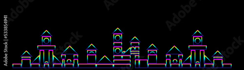 Abstract simple geometric shapes with realistic neon led backlighting behind isolated on black background. Template for banner, cover, poster. Vector illustration.