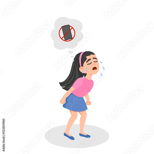 The girl is crying because of the ban on using the phone. The concept of children's addiction to mobile phones