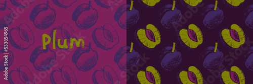 Vector Prune pattern seamless for vegan banner, diary backdrop. Hand drawn plum background. Wallpaper for baby food packaging, juice label design. Violet French plum pattern for organic jam package.