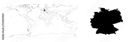 Vector Germany map showing country location on world map and solid map for Germany on white background. File is suitable for digital editing and prints of all sizes.