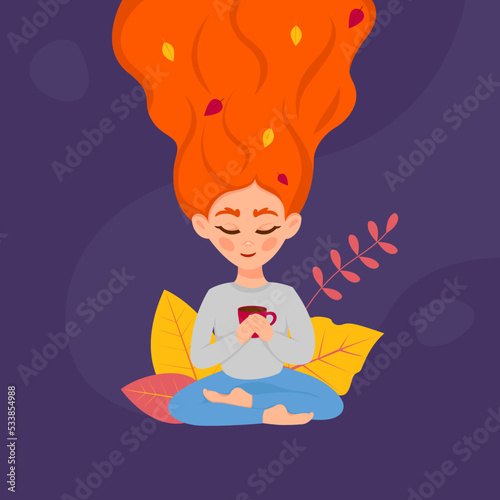 Young girl with leaves in hair relaxing in lotos pose with cup of coffee or tea. Autumn character. Relax concept vector illustration.