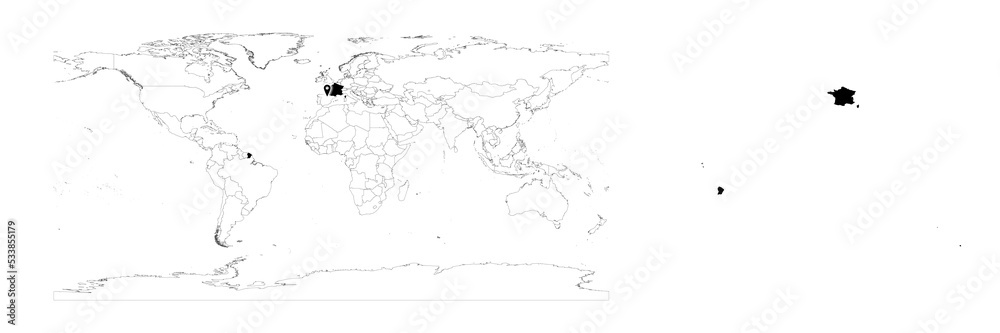 Vector France map showing country location on world map and solid map for France on white background. File is suitable for digital editing and prints of all sizes.