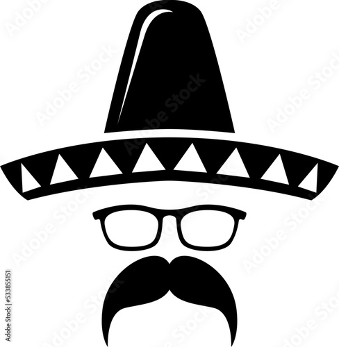 Sombrero with mustache in minimal style. Design element for decoration, poster, banner. Vector illustration