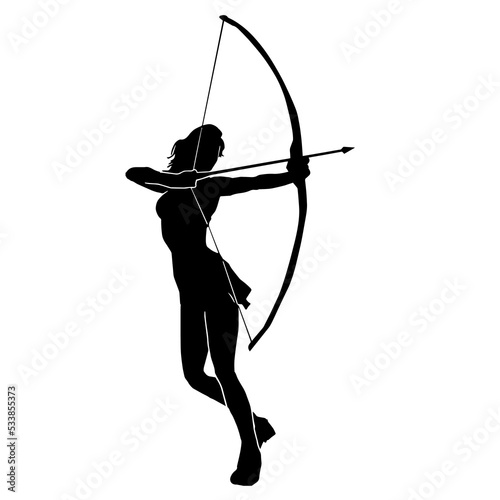 Archer Silhouette, Female Warrior Character Design. Silhouette girl archer in a dynamic style and pulls an arrow ready to shoot, Amazon female warrior, leather armor.
