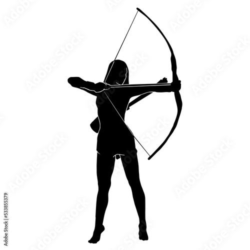 Archer Silhouette, Female Warrior Character Design. Silhouette girl archer in a dynamic style and pulls an arrow ready to shoot, Amazon female warrior, leather armor.