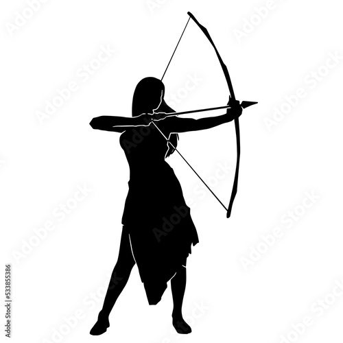 Archer Silhouette, Female Warrior Character Design. Silhouette girl archer in a dynamic style and pulls an arrow ready to shoot, Amazon female warrior, leather armor.