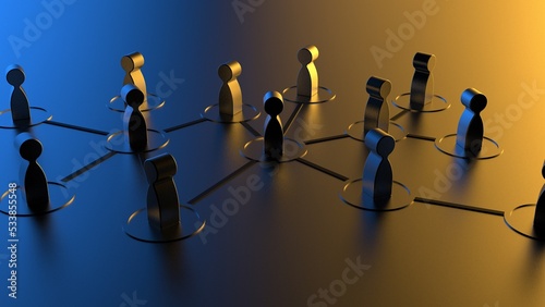 Chain of metallic silver human figurines connected by black lines under blue lighting. Cooperation and interaction between people and employees. Dissemination of information in society, rumors. 3D CG.
