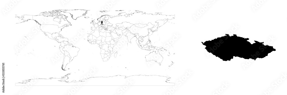 Vector Czechia map showing country location on world map and solid map for Czechia on white background. File is suitable for digital editing and prints of all sizes.