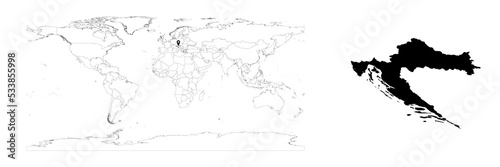Vector Croatia map showing country location on world map and solid map for Croatia on white background. File is suitable for digital editing and prints of all sizes.