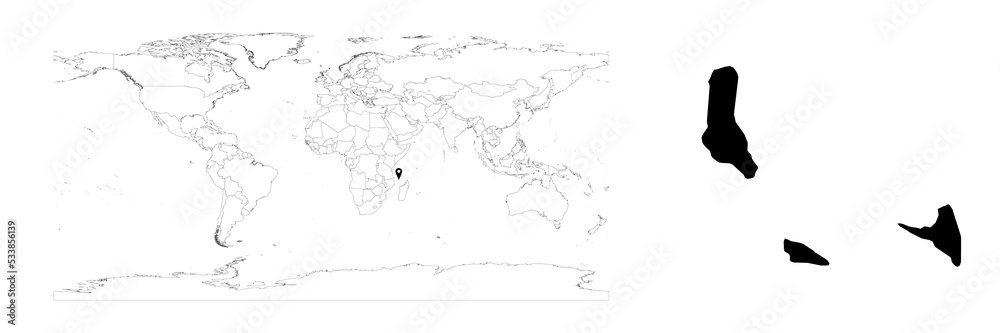 Vector Comoros map showing country location on world map and solid map for Comoros on white background. File is suitable for digital editing and prints of all sizes.