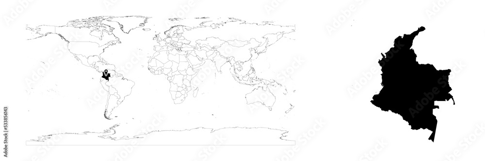 Vector Colombia map showing country location on world map and solid map for Colombia on white background. File is suitable for digital editing and prints of all sizes.