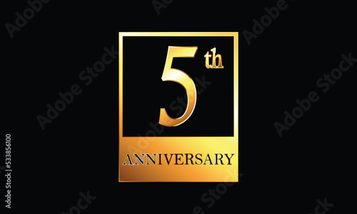 5 year anniversary celebration in golden rectangle. 5th Anniversary celebration. Gold Luxury Banner of 5th Anniversary celebration. Fifth celebration card. Vector anniversary