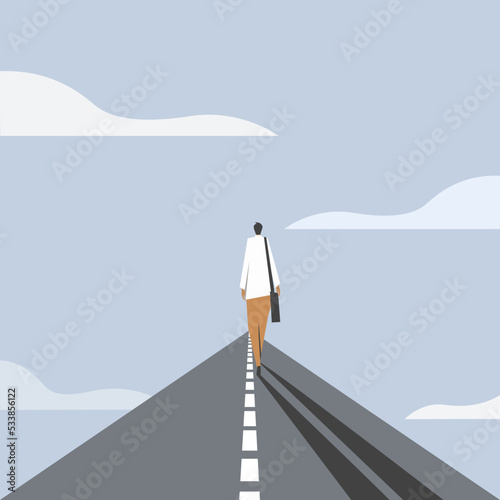 Conceptual illustration of man walking on an elevated road through the sky